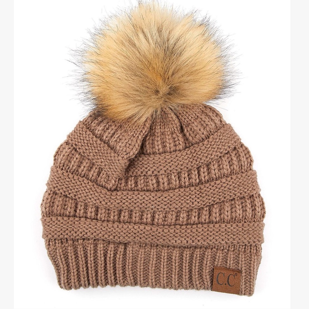 C.C Taupe ribbed Pom Pom beanie. New with tags.